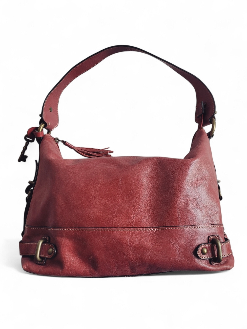 Fossil Sangria Red Leather Shoulder Bag With Brass Tone Key And Hardware